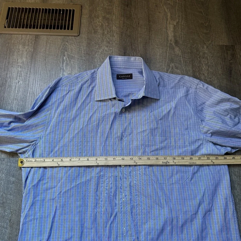 Canali Shirt Mens 43 17 Blue Plaid Dress Long Sleeve Button Front Italy‎ Cotton